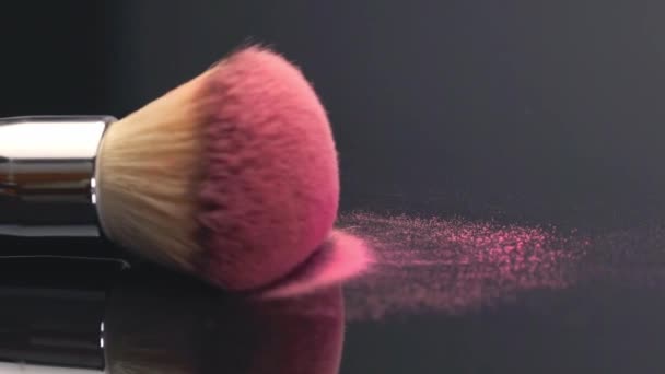Makeup cosmetic products organic decorative cosmetics for the face fashion trendy color pink color blush rouge powder blusher pink beauty skin care natural furs fluffy fiber brush fall down. - Video, Çekim