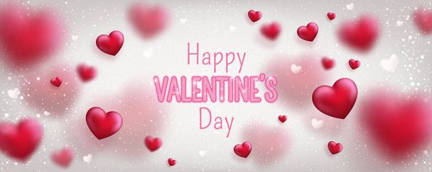 Glowing text for Happy Valentine's Day greeting card. Cute love banner for 14 February. Holiday background with 3d hearts, light, stars on white. Vector Illustration - Vector, Image