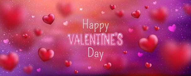 Glowing text for Happy Valentine's Day greeting card. Cute love banner for 14 February. Holiday background with 3d hearts, light, stars on red. Vector Illustration - Vector, Image