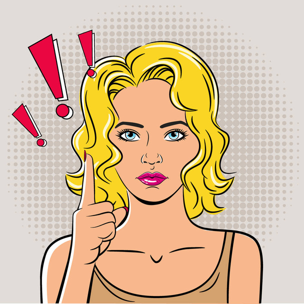A beautiful young woman draws attention with her index finger. Exclamation mark. The girl is drawn in the style of pop art. - Vector, Image