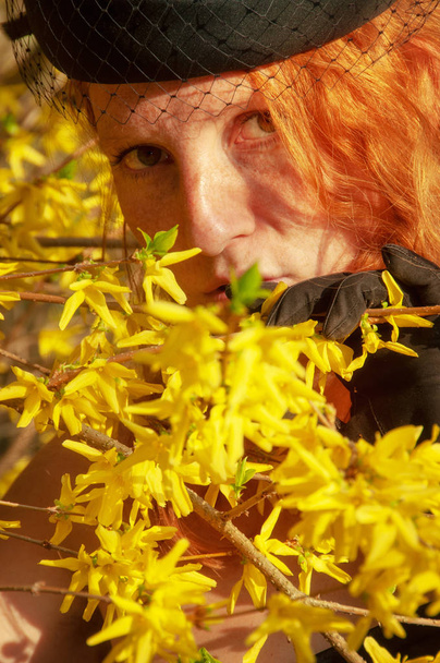Beautiful portrait in closeup of a smiling young elegant red-haired curly woman in hat in the bush with yellow forsythia flowers - Photo, Image