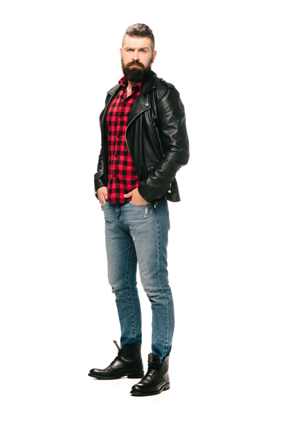 bearded rocker posing in black leather jacket isolated on white - Photo, Image