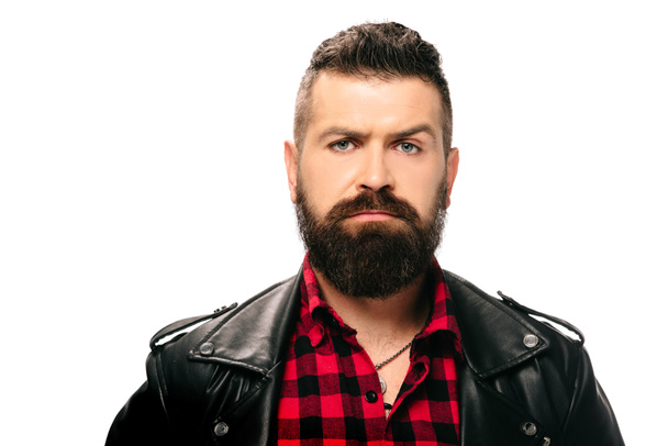 portrait of bearded man in black leather jacket isolated on white - 写真・画像