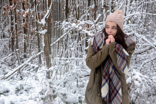νεαρή όμορφη γυναίκα, κορίτσι πορτρέτο με Σάλι, hat.squeezes τα χέρια από το κρύο τον παγετό το χειμώνα χιονισμένο δάσος - Φωτογραφία, εικόνα
