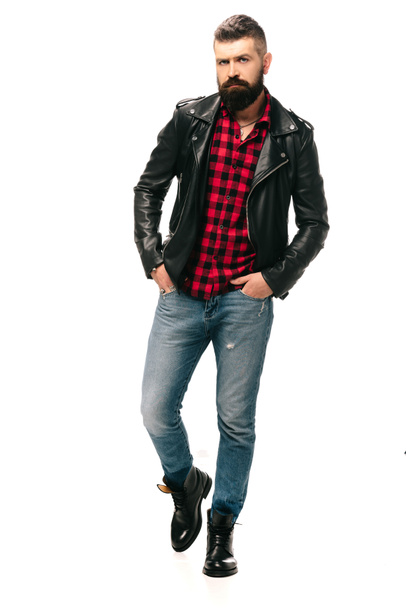 handsome bearded man in black leather jacket isolated on white - Foto, afbeelding