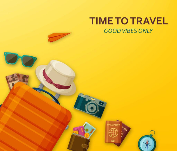 Cestovní koncept s kufrem, sluneční brýle, klobouk, fotoaparátem a lístky na žlutém podkladu. Létat papírové letadlo na zádech. Dobré vibrace pouze - Vektor, obrázek