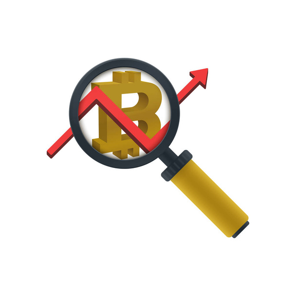 Goldfarbene Lupe, Graphik und Bitcoin-Symbol auf weißem Hintergrund. Design der Finanzikone. - Vektor, Bild