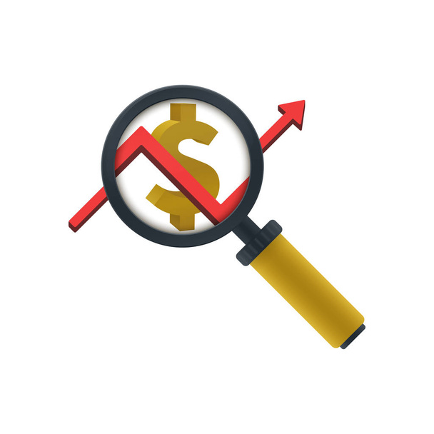 Ícone de lupa de cor dourada, gráfico e sinal de dólar no fundo branco. Design ícone Finanças
. - Vetor, Imagem