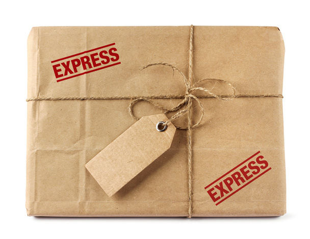 Pacchetto consegna posta marrone con etichetta
 - Foto, immagini