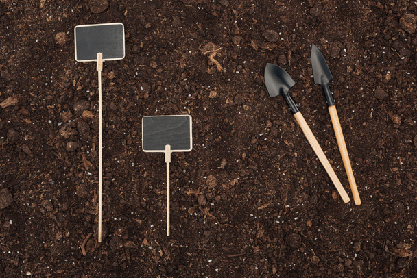 top view of blank placards near shovels on ground, protecting nature concept  - Photo, Image