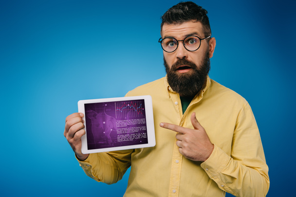 шокированный бородатый мужчина указывает на цифровой планшет с инфографикой, изолированный на синий
 - Фото, изображение