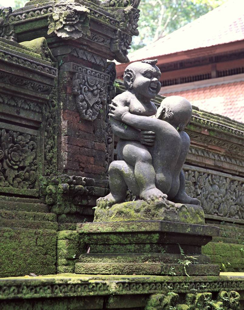 das heilige balinesische Naturreservat - der Affenwald in Ubud (Indonesien) - ist berühmt für seinen heiligen hinduistischen Tempel - den Affentempel oder den Tempel der Toten mit zahlreichen Steinstatuen. - Foto, Bild