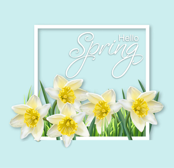 Spring narcissus flowers frame Vector realistic. Delicate card bouquet. Spring message texts - Vektor, obrázek