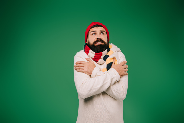 bearded man in hat and scarf having cold isolated on green - Photo, Image