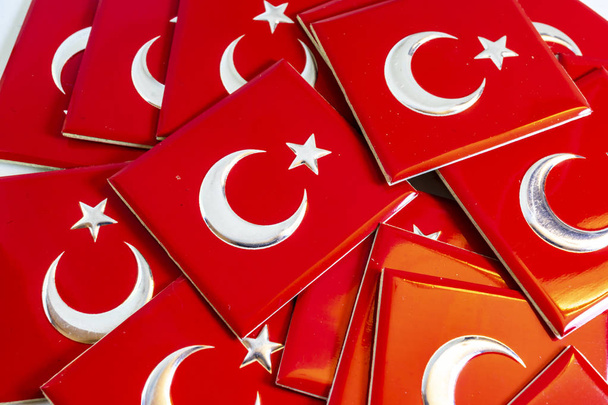 close up Turkish flag objects with moon and star on red color - Photo, Image