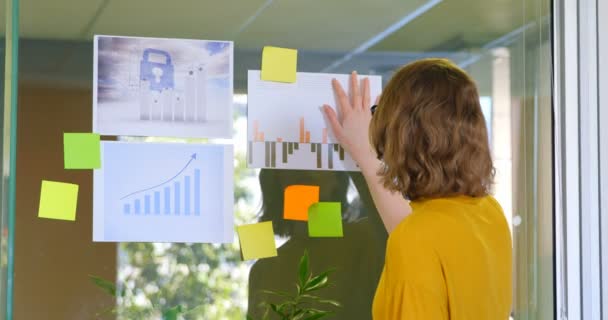 Rear view of businesswoman looking at graphs in modern office. Graphs and sticky notes on glass board 4k - Filmagem, Vídeo