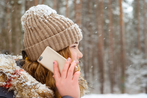 κορίτσι μιλάει στο τηλέφωνο στο χειμερινό πάρκο - Φωτογραφία, εικόνα
