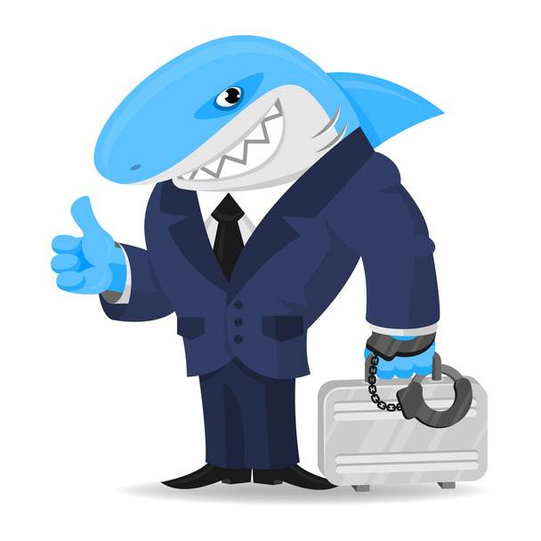 Акулы бизнес держит чемодан в наручниках
 - Вектор,изображение