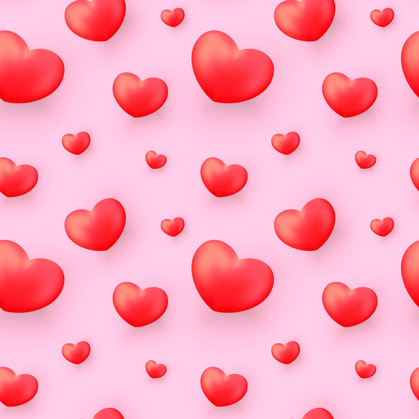 ピンクの背景に現実的な赤いハートのバレンタインの日のシームレスなパターン。繊維、ファブリック、壁紙、包装紙、お祭りの装飾のためのバレンタインデーの背景印刷します。. - ベクター画像