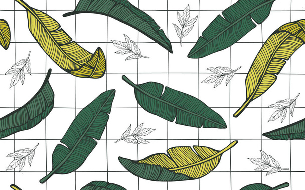 Seamless tropical pattern with banana leaves. Hand drawn vector - Vector, Image
