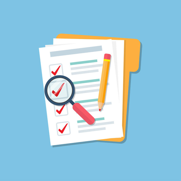 Folder with document checklist, magnify glass and pencil in a flat design. Audit concept. - ベクター画像