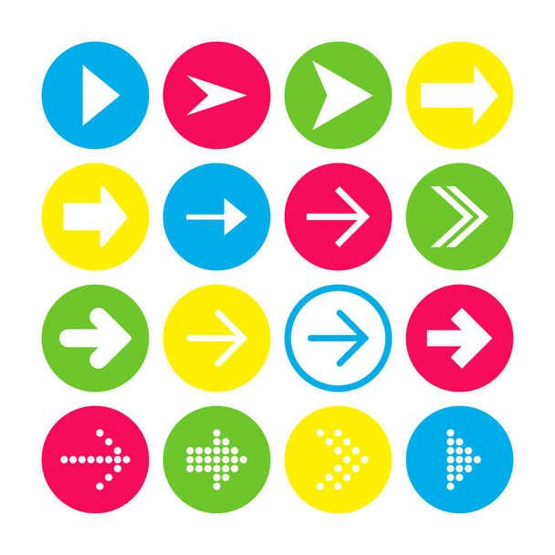 Conjunto de 16 iconos de flecha derecha. Botones de flecha sobre fondo blanco en círculos carmesí, azul, amarillo y transparente para diseño web, aplicaciones y otros. Ilustración vectorial, EPS10
. - Vector, Imagen