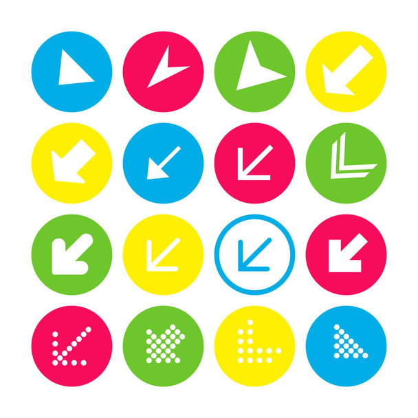 Set of 16 arrow icons with south-west direction. Arrow buttons on white background in crimson, blue, yellow and transparent circles for web-design, applications and other. Vector illustration, EPS10. - Vector, Image
