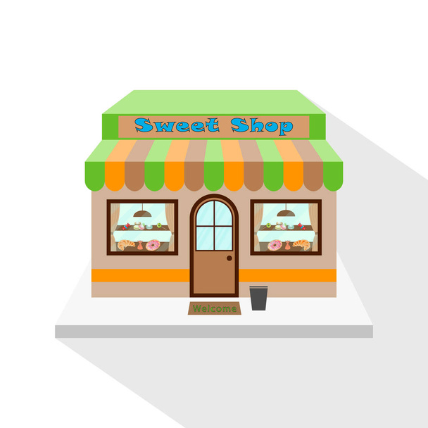 Иконка магазина сладостей с длинной плоской тенью на белом фоне. Фасад магазина сладостей, коммерческое здание. Векторная иллюстрация, EPS10
. - Вектор,изображение