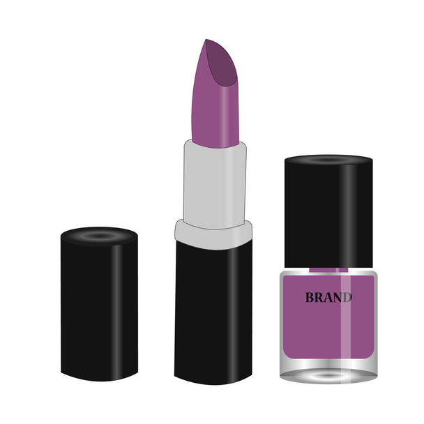 Womens lipstick product and violet nail polish in round glass bottle with black cap. Trendy violet colors for beauty salon, shop, blog print. Vector illustration, EPS10. - Vector, Image