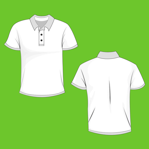 Белый поло, макет футболки, вид спереди и сзади, изолированный на зеленом фоне. Дизайн рубашки, шаблона и макета для печати. Векторная иллюстрация, EPS10
. - Вектор,изображение