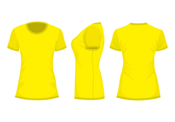 Yellow woman's t-shirt with short sleeve. Front, back, side view. Isolated on white background. Vector illustration, EPS10. - Vector, Image