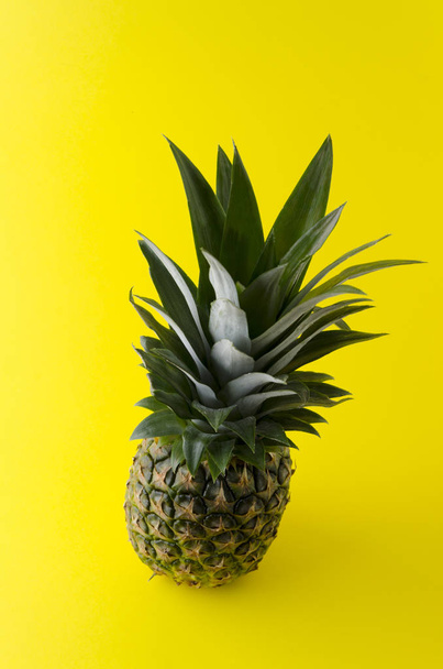 新鮮なパイナップルの縦の写真を。黄色の背景に近代的なスタイリッシュな果実 - 写真・画像