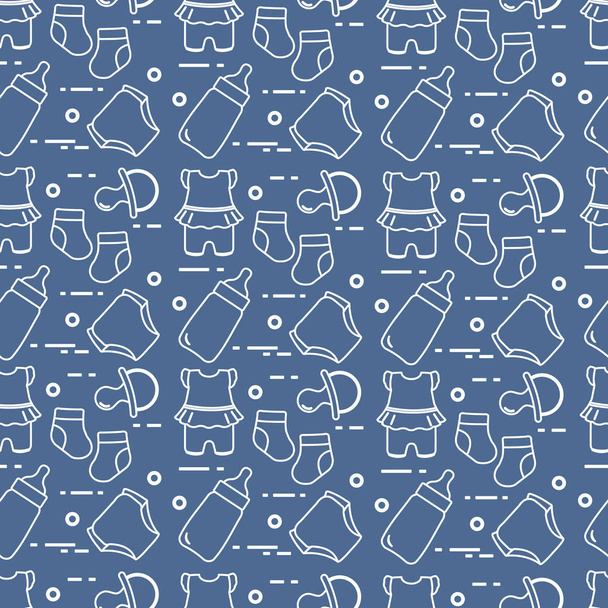 Seamless pattern with goods for babies. Newborn baby background. Baby bottle, nipple, socks, diapers, bodysuit. - Vector, Image