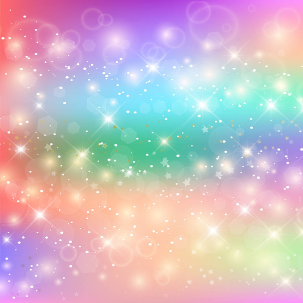 Bright Pattern In Princess Colors. Colorful Rainbow Mesh. Kawaii Baby Unicorn Background with Stars. Fantasy Gradient Colorful Rainbow Backdrop. Holographic Magic Square Banner. Vector Illustration. - Vector, Image