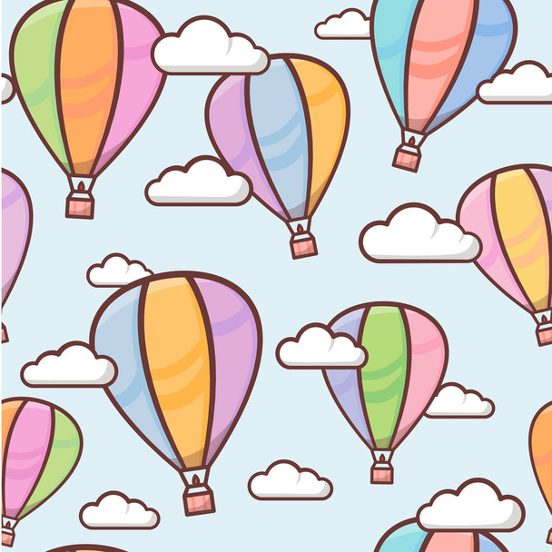 Płynny wzór z kolorowymi konturami balonów na niebie z chmurami, naiwnym i prostym tłem, ilustracja wektorowa dla dzieci - Wektor, obraz