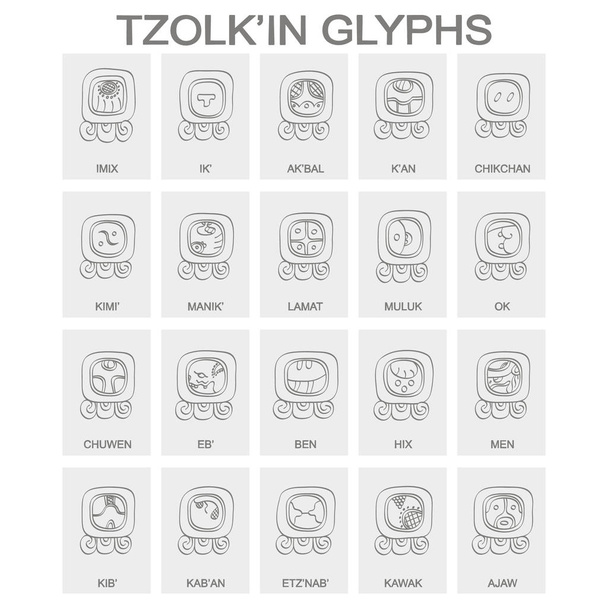 icono de vector conjunto con calendario Tzolk 'in días nombrados y glifos asociados
 - Vector, Imagen