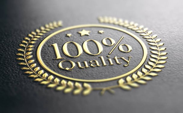 100% Qualitätsgarantie goldener Stempel auf schwarzem Hintergrund, 3D-Abbildung - Foto, Bild