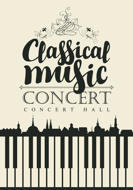 Vector poster for a concert of classical music with calligraphic inscription and piano keys in retro style on black background. White keys in the form of silhouettes of roofs of old houses - ベクター画像