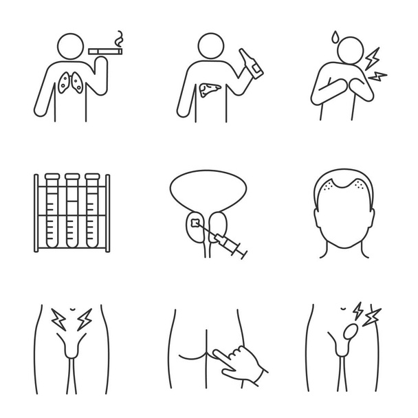 Men's health linear icons set. Thin line contour symbols. Lungs, liver, prostate cancer, heart attack, prostate biopsy, hair loss, rectal exam. Isolated vector outline illustrations. Editable stroke - Vector, Imagen