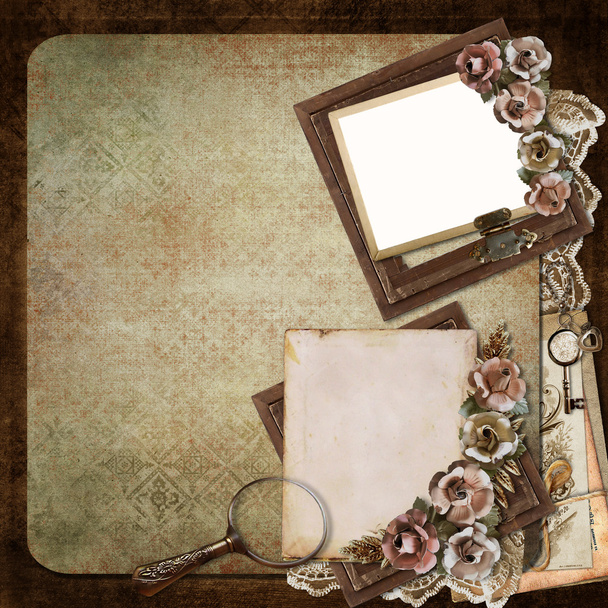 Vintage background with frame, roses and letters - Φωτογραφία, εικόνα