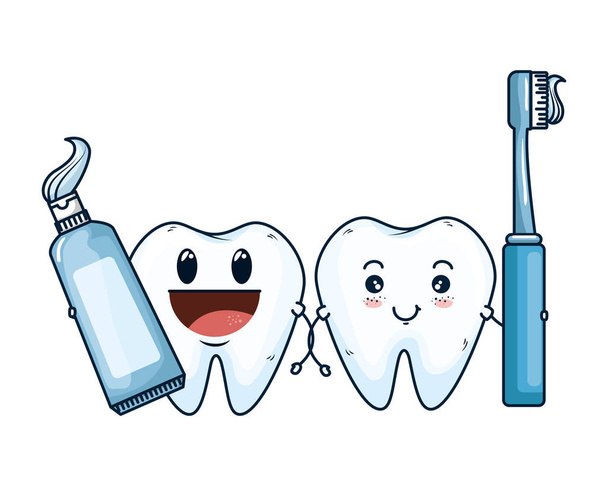 comic teeth couple with brush and paste characters - Vector, Image