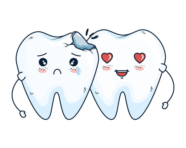 komische tanden paar met hart kawaii - Vector, afbeelding