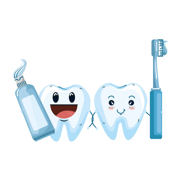 pareja de dientes cómicos con caracteres de cepillo y pegamento
 - Vector, imagen