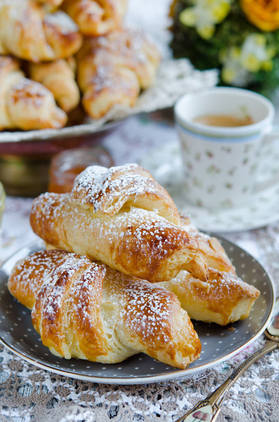 Breakfast with fresh croissants and black coffee - Photo, Image