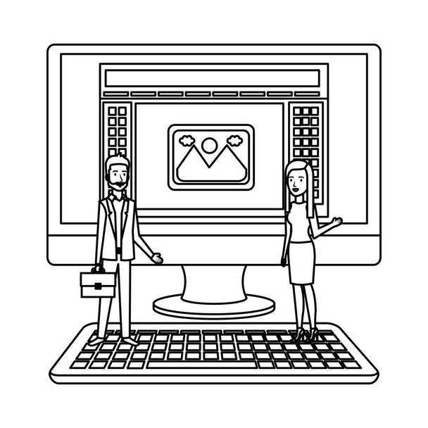 casal de negócios com computador desktop
 - Vetor, Imagem