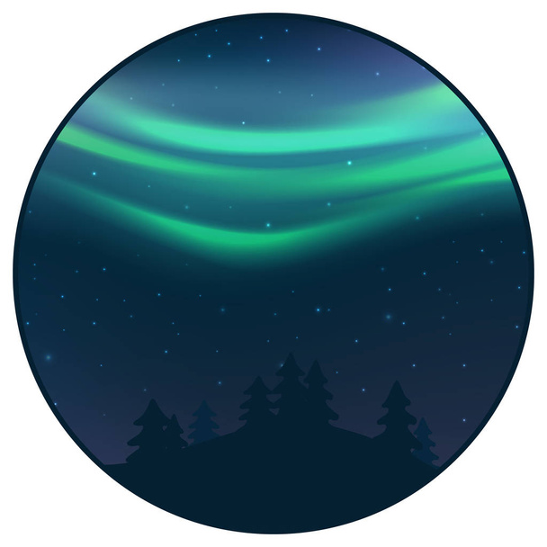 Night sky with aurora over spruce forest in winter, green northern light with stars, polar light glowing, polar streamers. Vector - Vector, Image