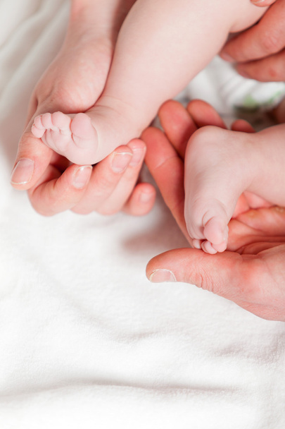 Closeup of baby feet with hands of parents. Studio shot. - Photo, Image