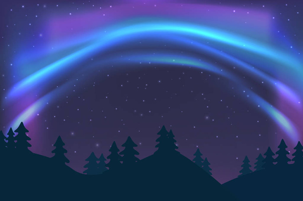 Cielo nocturno con aurora sobre bosque de abetos en invierno, luz azul septentrional con estrellas, luz polar brillante, serpentinas polares. Vector
 - Vector, Imagen