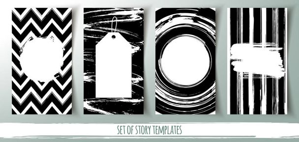 Set of social media story templates, banners with rough black brush strokes background and place for message, vector illustration - Vector, Imagen