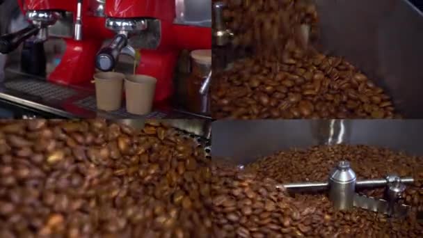 Collage of various video clips covering the topic of coffee. Split screen montage wall. Coffee bean roasting. Split screen. Making coffee. Grain cooling process. Brown color. - Footage, Video